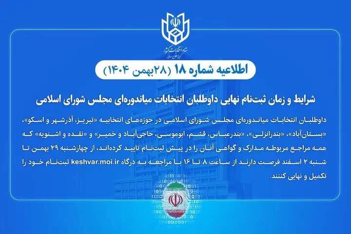 شرایط و زمان ثبت‌نام نهایی داوطلبان انتخابات میاندوره‌ای مجلس شورای اسلامی