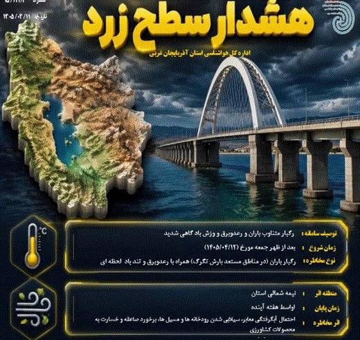 صدور هشدار زرد رگبار  باران و رعدوبرق درشمال آذربایجان غربی