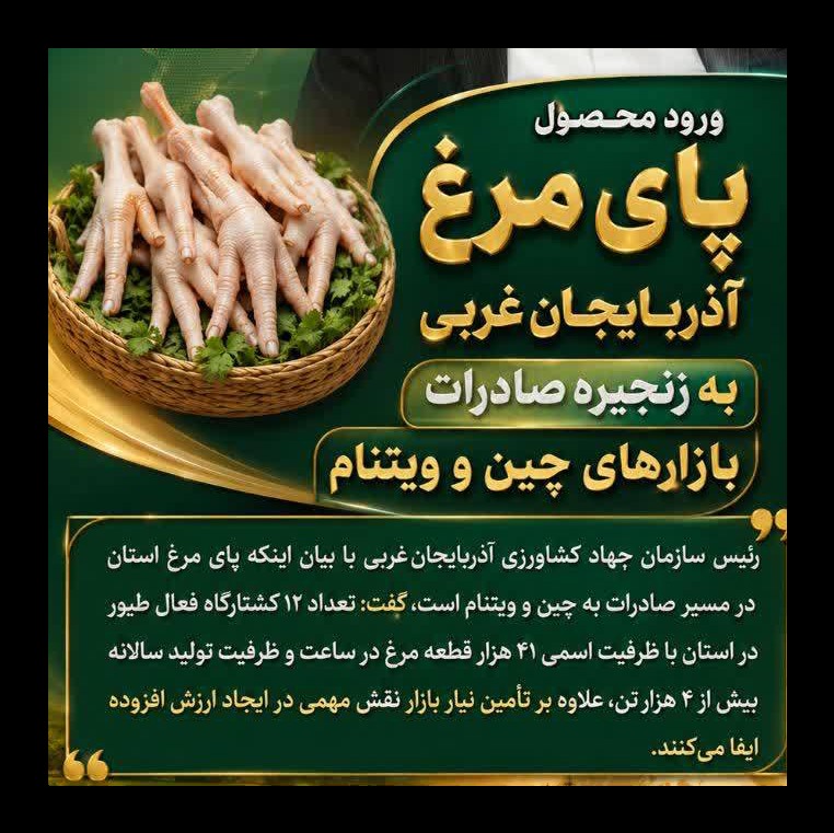شناسایی بازارهای چین و ویتنام برای صادرات پای مرغ ازآذربایجان‌غربی